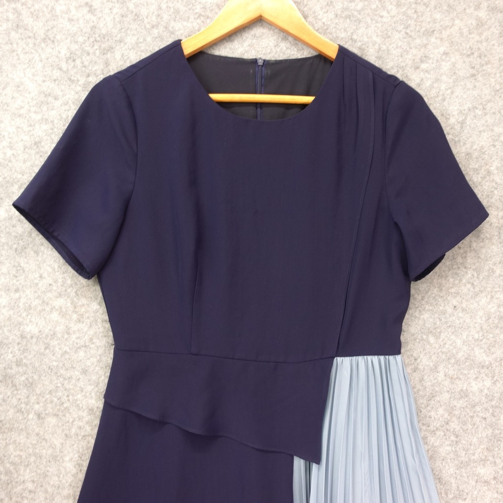 Navy Minimalist Colorblock Dress Womens M Blue Pleated Midi Elegant Career Mod - Picture 9 of 12